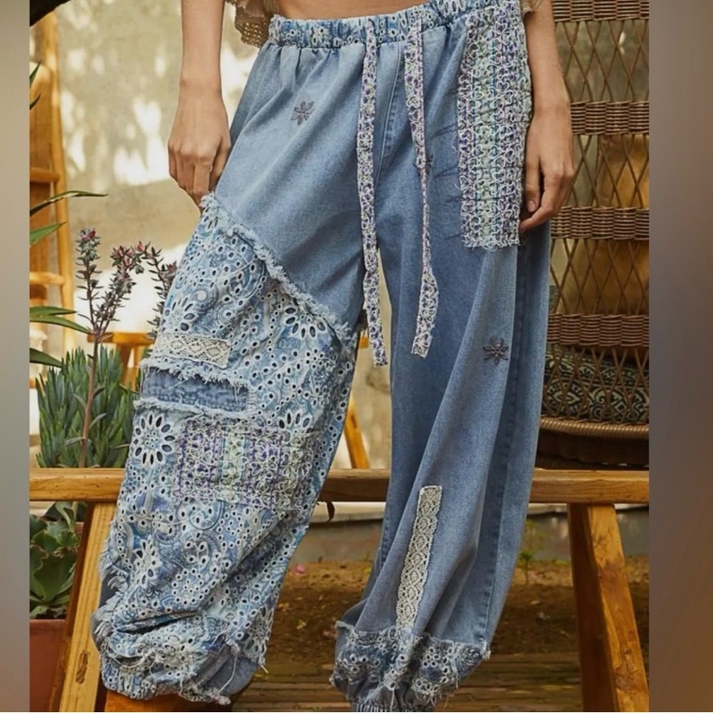 RESTOCKED Bestseller:  Bohemian Patchwork Denim Pants with drawstring closure.